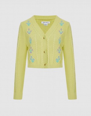 Green Urban Revivo Floral Embroidery Cable Knit Women's Cardigan | EYHOVD-690