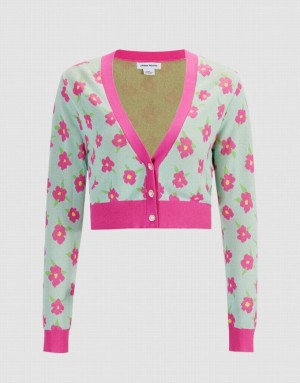 Green Urban Revivo Floral Jacquard Contrast Trim Women's Cardigan | YUHCVN-048