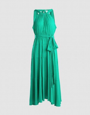 Green Urban Revivo Halter Belted Sleeveless Maxi Women's Maxi Dress | CFQAKS-315