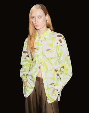 Green Urban Revivo Leaf Print Button Up Women's Shirts | KWDGZO-079