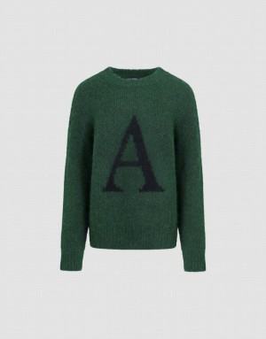 Green Urban Revivo Letter Printed Crew Neck Women's Sweaters | TIZHPG-169