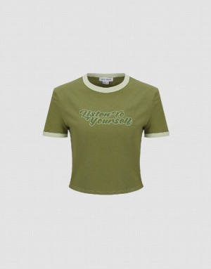 Green Urban Revivo Letter Printed Crew Neck Regular Women's T-Shirts | QCWSTI-463