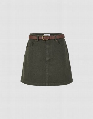 Green Urban Revivo Mini A-Line With Belt Women's Denim Skirt | MDNVGR-036