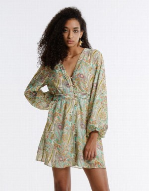 Green Urban Revivo Paisley Print Chiffon Women's Casual Dress | KULWGT-924