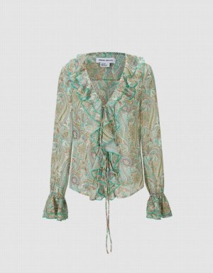 Green Urban Revivo Paisley Print Ruffled Women's Shirts | OANCTF-209