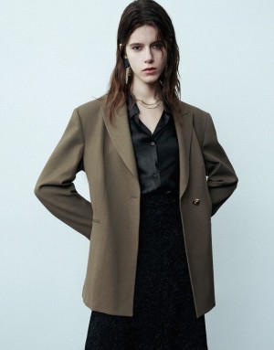 Green Urban Revivo Peak Lapel Tailored Skater Women's Blazers | PTROHE-846