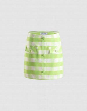 Green Urban Revivo Plaid Button Front Women's Skirts | RLPKXH-631