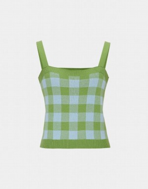 Green Urban Revivo Plaid Knitted Women's Camisole | NRSXWG-913