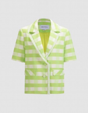 Green Urban Revivo Plaid Raw Trim Short Sleeve Women's Blazers | AXEVYI-126