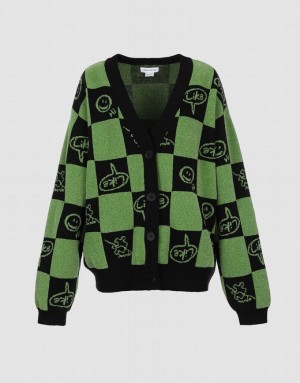 Green Urban Revivo Plaid Smile Face Button Up Women's Cardigan | RXMSQB-816