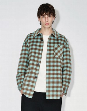 Green Urban Revivo Plaid Straight Woolen Men's Jacket | MFPBTZ-207