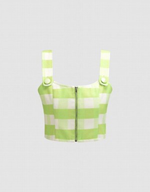 Green Urban Revivo Plaid Zip Front Cami Crop Top Women's Shirts | KNFOWU-045