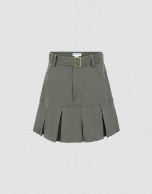 Green Urban Revivo Pleated Mini A-Line With Belt Women's Skirts | HPEYXD-794