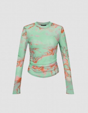 Green Urban Revivo Printed Crew Neck Skinny Women's T-Shirts | ZOKNHL-540