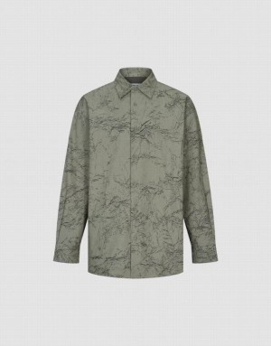 Green Urban Revivo Printed Straight Oversized Men's Shirts | CIMSWA-546