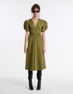 Green Urban Revivo Puff Sleeve Ruched Women's Casual Dress | IQHEZG-896