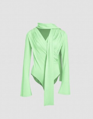 Green Urban Revivo Ruched Bow Neck Skinny Women's T-Shirts | PODQZW-079