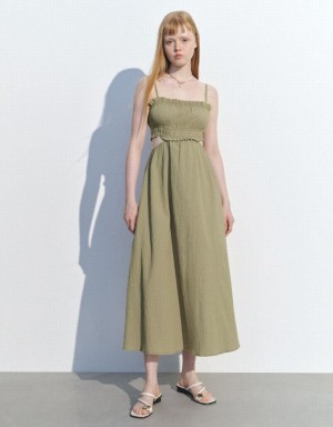 Green Urban Revivo Shirred Cut-Out A-Line Women's Dress | BUYSOL-801