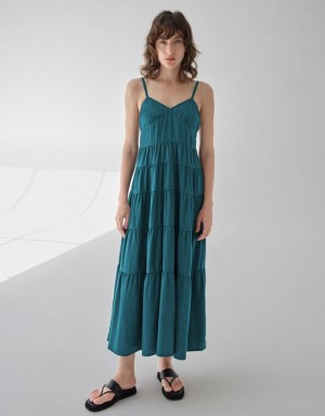 Green Urban Revivo Sleeveless V-Neck Women's Denim Dress | CAMENQ-314