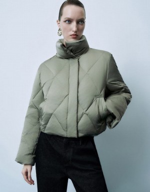 Green Urban Revivo Stand Collar Straight Women's Down Jackets | NYHTVK-608