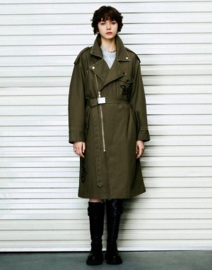 Green Urban Revivo Straight With Belt Women's Trench Coat | NYELOF-593