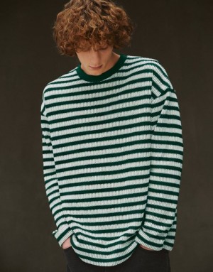 Green Urban Revivo Striped Sleeve Crew Neck Men's T-Shirts | UMIKFV-357