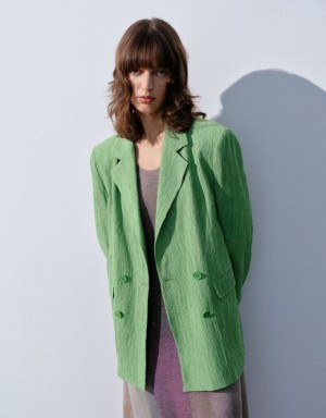 Green Urban Revivo Textured Notch Lapel Women's Blazers | HIMENS-619