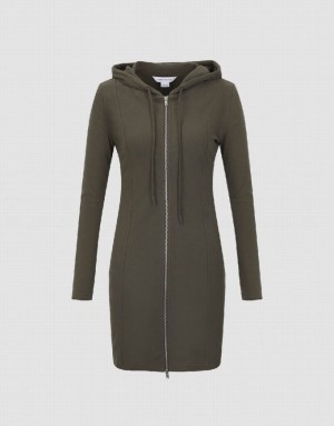 Green Urban Revivo Zipper Front Hooded A-Line Women's Dress | YHZOCB-084