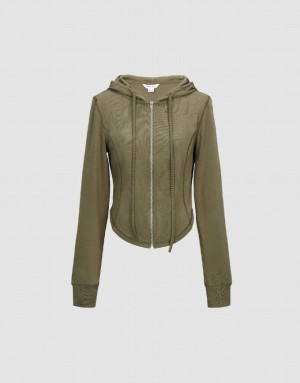 Green Urban Revivo Zipper Front Hooded Skinny Knitted Women's Jacket | DBOKUR-207