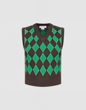 Green / Brown Urban Revivo Argyle Pattern Women's Sweater Vest | KBNCLR-634