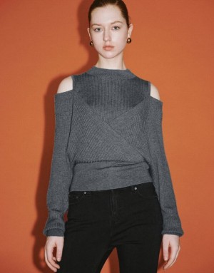 Grey Urban Revivo Cold Shoulder Crew Neck Knitted Women's Cardigan | PENDJF-035