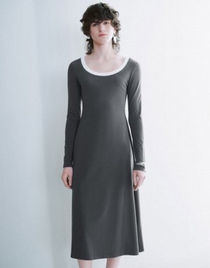 Grey Urban Revivo Crew Neck A-Line Women's Dress | DOBKET-496