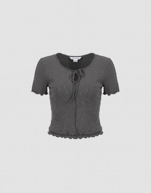 Grey Urban Revivo Frill Trim Tie Front Knitted Women's T-Shirts | HKRZUM-142