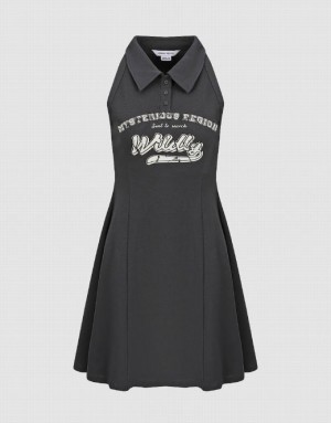 Grey Urban Revivo Letter Printed Sleeveless A-Line Women's Dress | FAMQWP-310