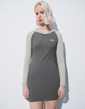 Grey Urban Revivo Raglan Sleeve Hooded Skinny Women's Dress | SNURBF-986