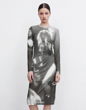 Grey Urban Revivo Ruched Printed Midi Women's Midi Dress | RUKPQW-076