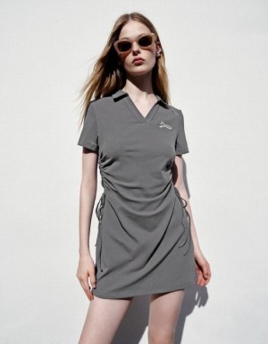 Grey Urban Revivo V-Neck Skater Women's Short Dress | YWXZRL-382