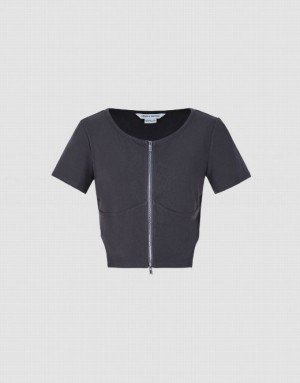 Grey Urban Revivo Zipper Front Crew Neck Knitted Women's Shirts | PHWJAG-807