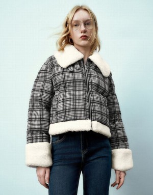 Grey Urban Revivo Zipper Front Plaid Furry Padded Women's Coats | OMBUGH-928