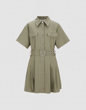 Khaki Urban Revivo A-Line With Belt Women's Shirt Dress | TMKXAE-768