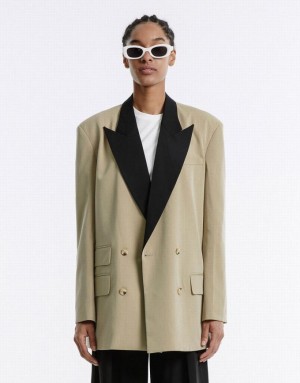 Khaki Urban Revivo Contrast Color Women's Blazers | IOCGJZ-480