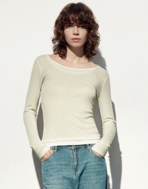 Khaki Urban Revivo Crew Neck Knitted Skinny Women's T-Shirts | IETRWA-237