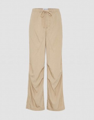 Khaki Urban Revivo Drawstring Waist Wide-Leg Women's Pants | JPMFKL-531