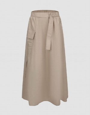 Khaki Urban Revivo Elastic Waist Midi A-Line Women's Skirts | BSXHDI-630