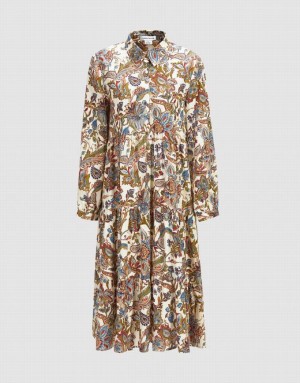 Khaki Urban Revivo Floral Print Half Button Women's Shirt Dress | QPHIGZ-508