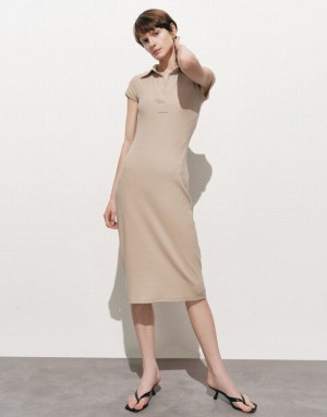 Khaki Urban Revivo Lapel Skinny Women's Dress | NKFDXZ-945