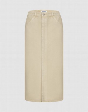 Khaki Urban Revivo Midi Straight Women's Denim Skirt | KMNFOA-984