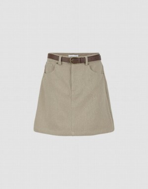 Khaki Urban Revivo Mini A-Line With Belt Women's Denim Skirt | XICWVH-529