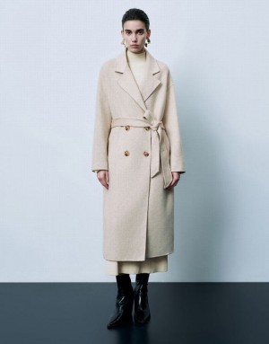 Khaki Urban Revivo Notch Lapel Double Breasted Longline Women's Coats | HUFYPG-913