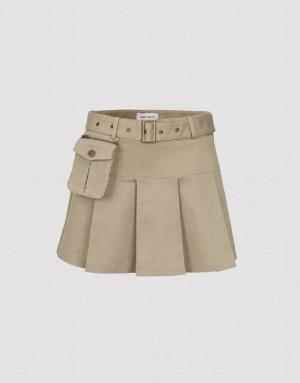 Khaki Urban Revivo Pleated Mini A-Line With Belt Women's Skirts | NTLMYE-354